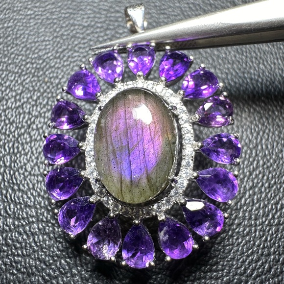 Labradorite & Amethyst 925 Silver Pendant Genuine Gems - Picture 6 of 11
